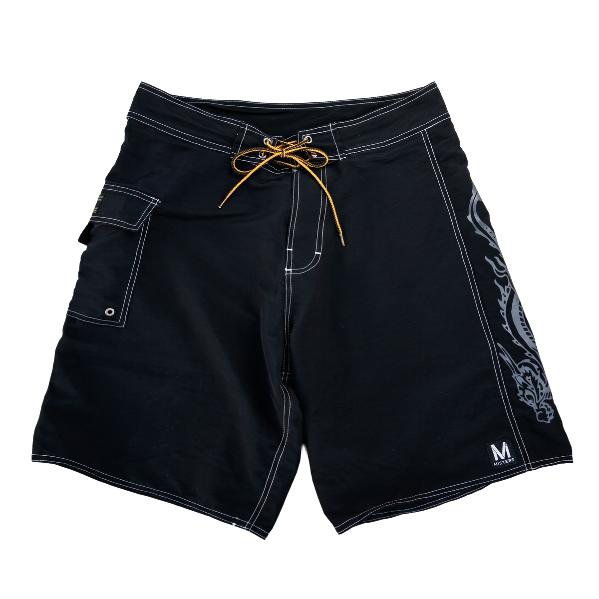 Black Surplus Boardshort, front view with yellow drawstring and dragon print — Misters Offshore Surplus